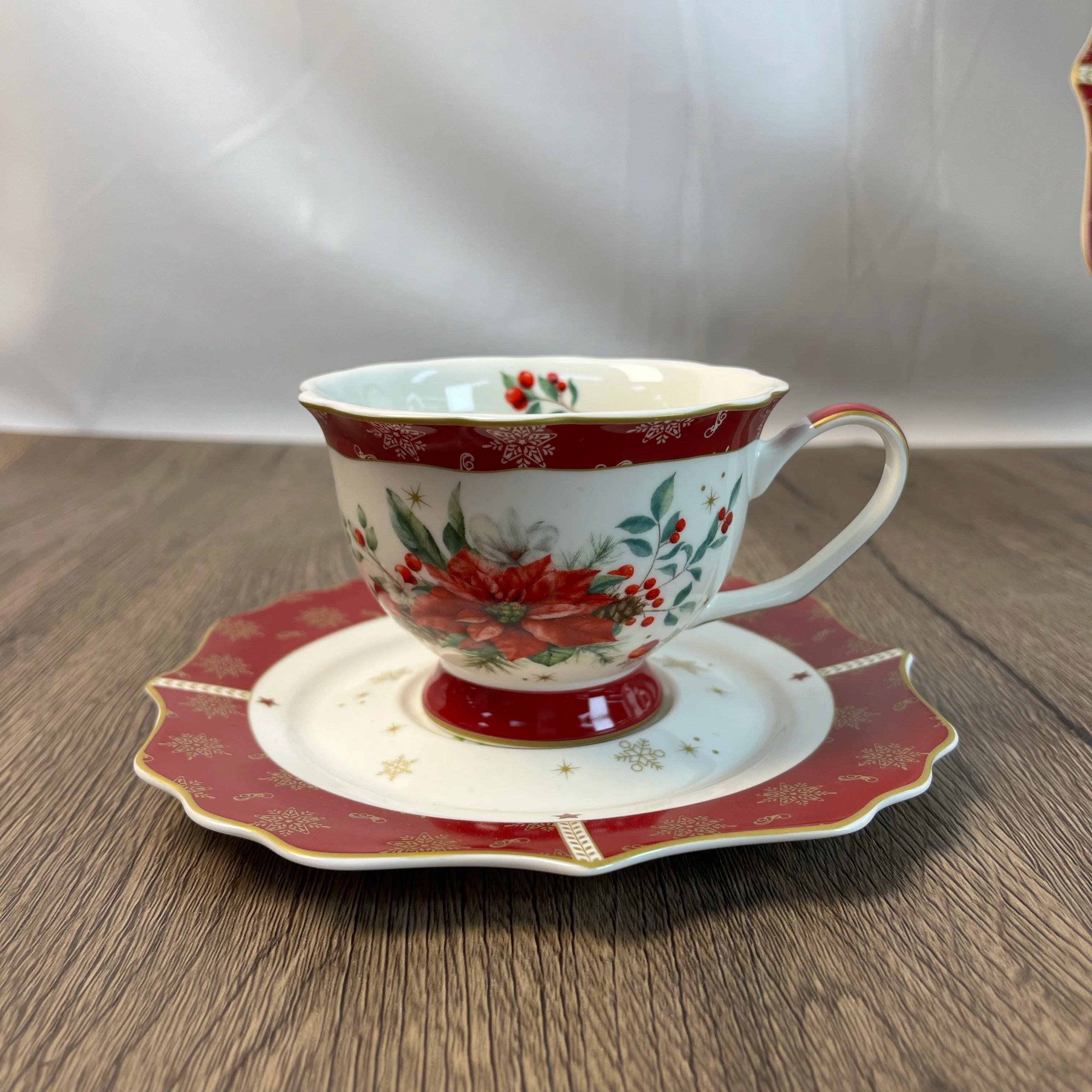 Elegant Christmas Scalloped Edge Porcelain Set with Red Snowflake Design Tea Coffee Cup & Saucer -  (Holiday Hosting Essential)