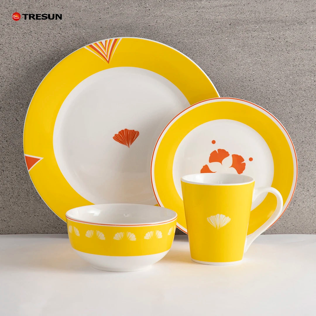 12 Pcs 16 Pcs Ceramic Plates Set Bowl Mug Full Collection Breakfast Ginkgo Leaf Design Porcelain Decal Dinner Dinnerware Set