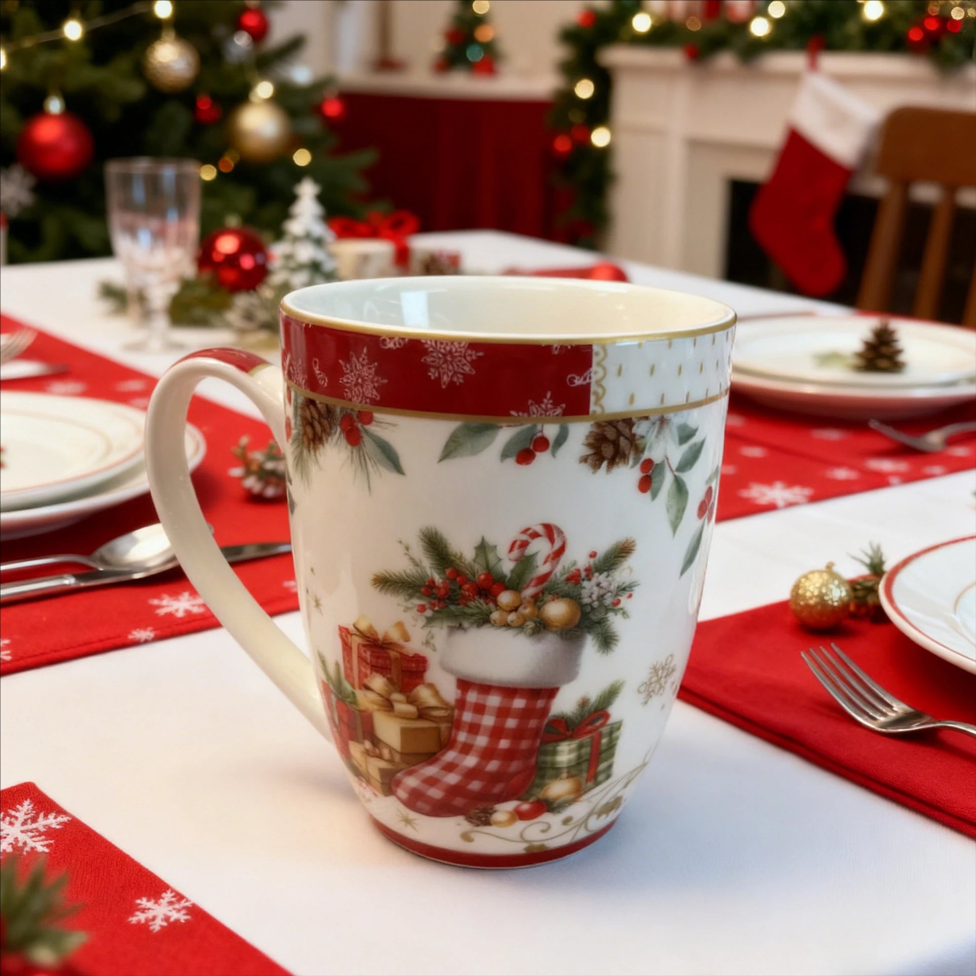 Elegant Christmas Scalloped Edge Porcelain Set with Red Snowflake Design Tea Coffee Cup & Saucer -  (Holiday Hosting Essential)