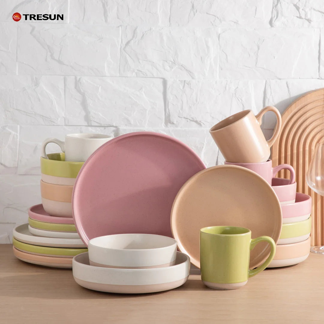 Pink Handmade Glaze Ceramic Dinnerware Set Two Tone Stoneware Plates Bowls Mugs for Home Restaurant Wholesale