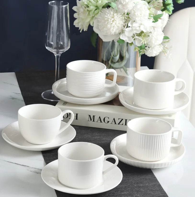Hotel Cafe White Porcelain Embossed Coffee Cup And Saucer Set Custom Logo Restaurant Tea Cup Wholesale