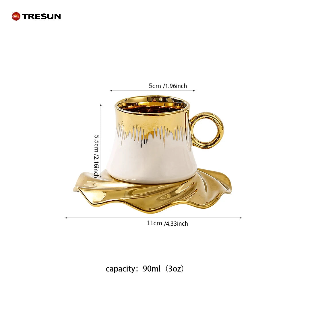 Luxury Gold Plated 250ml Porcelain Coffee Cup with Saucer Small Tea Mug Set of 6 Microwave Safe Dishwasher Safe Eco-Friendly