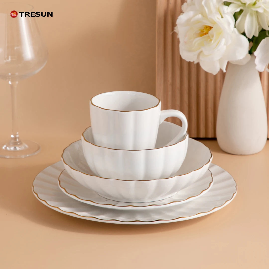 TRESUN Chinaware Golden Rim Trim Luxury 20-piece Classic Hotel Restaurant Sample Free Embossed Porcelain Dinnerware Set