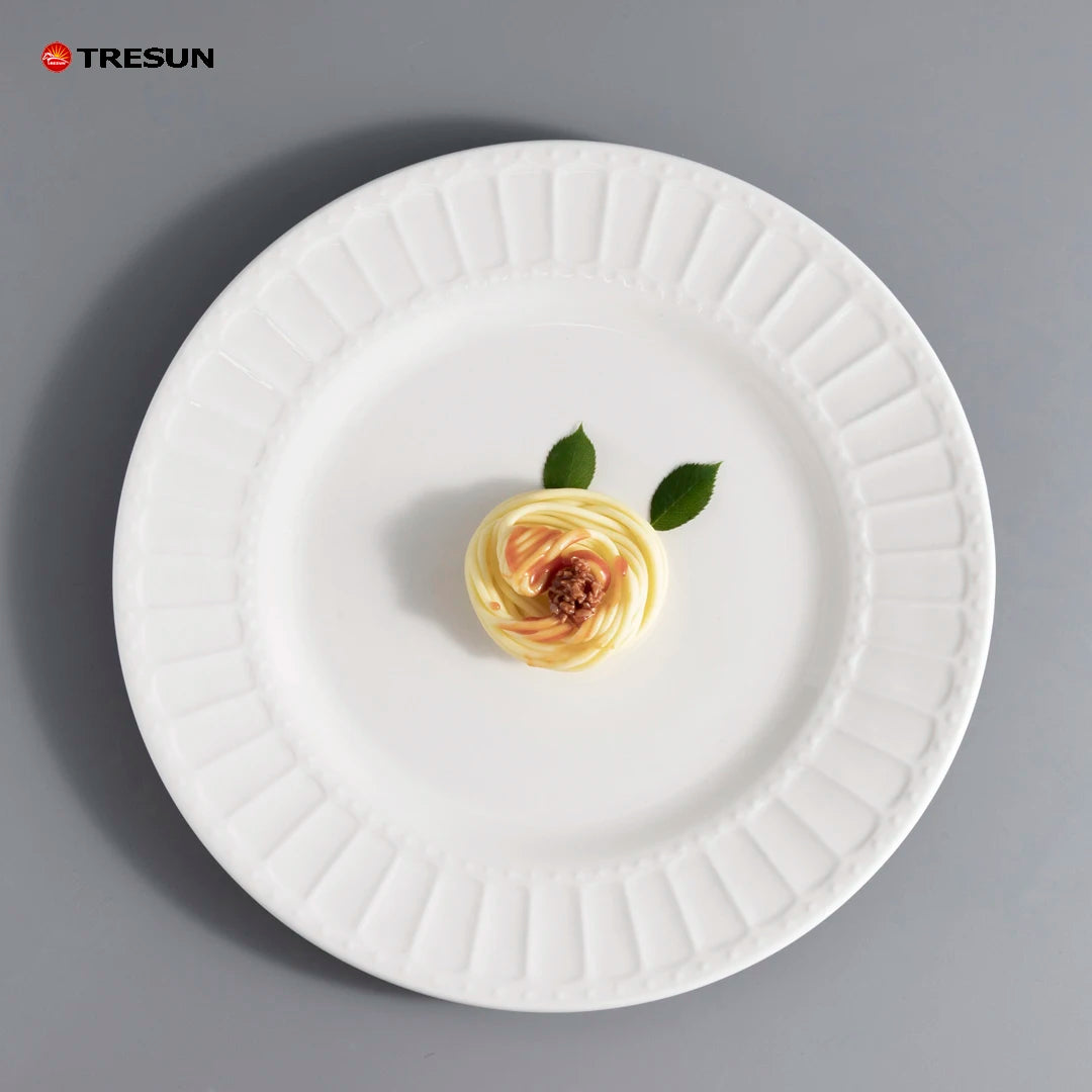 Simple Relief Western Plate Dish Set Pure White Underglaze Color Plate for Wedding