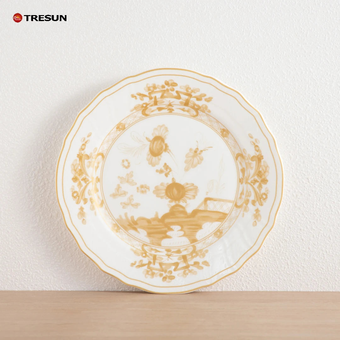 Pink Flower Wedding Dinnerware Set Wholesale Ceramic Charger Plate Collection Rental Porcelain Gold Rim Plate Dish
