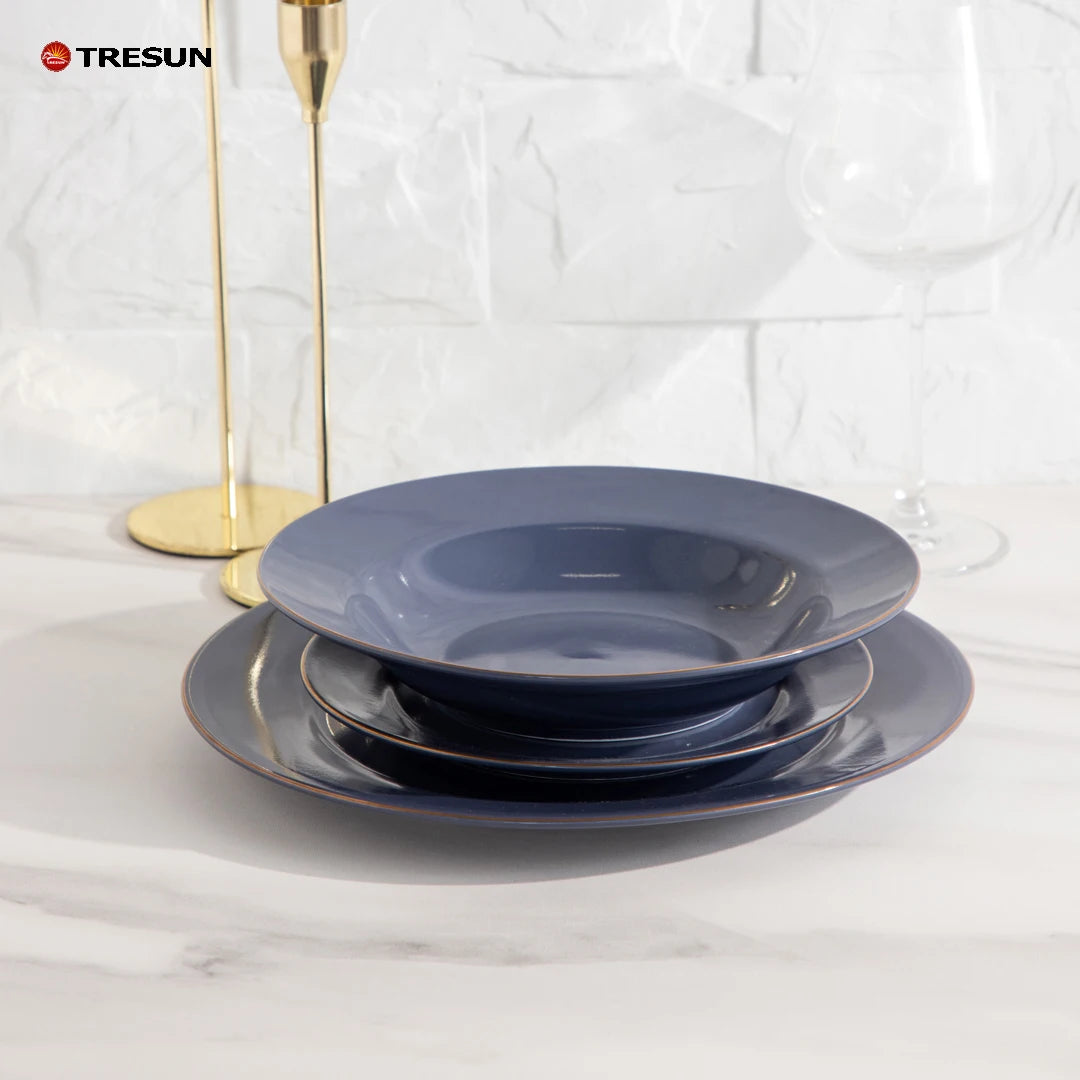 Wholesale TRESUN Classic Gold Rim Blue Glazed Porcelain Dinnerware Set 12-Piece Wedding Microwave & Dishwasher Safe Cheap Price