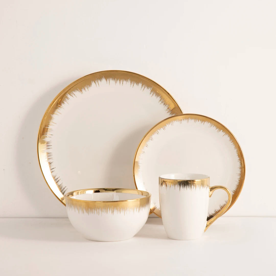 Luxury Style 16-Piece Ceramic Dinnerware Set with Gold Rim Home Tableware Reusable Dinner Plates Bowls and Plates