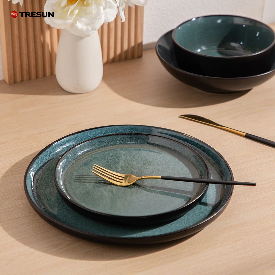 hot sale Luxury 12 pcs Green Blue Reactive Glaze Plates Dinner Set Crokery Ceramic Stoneware Dinnerware Sets for Hotel