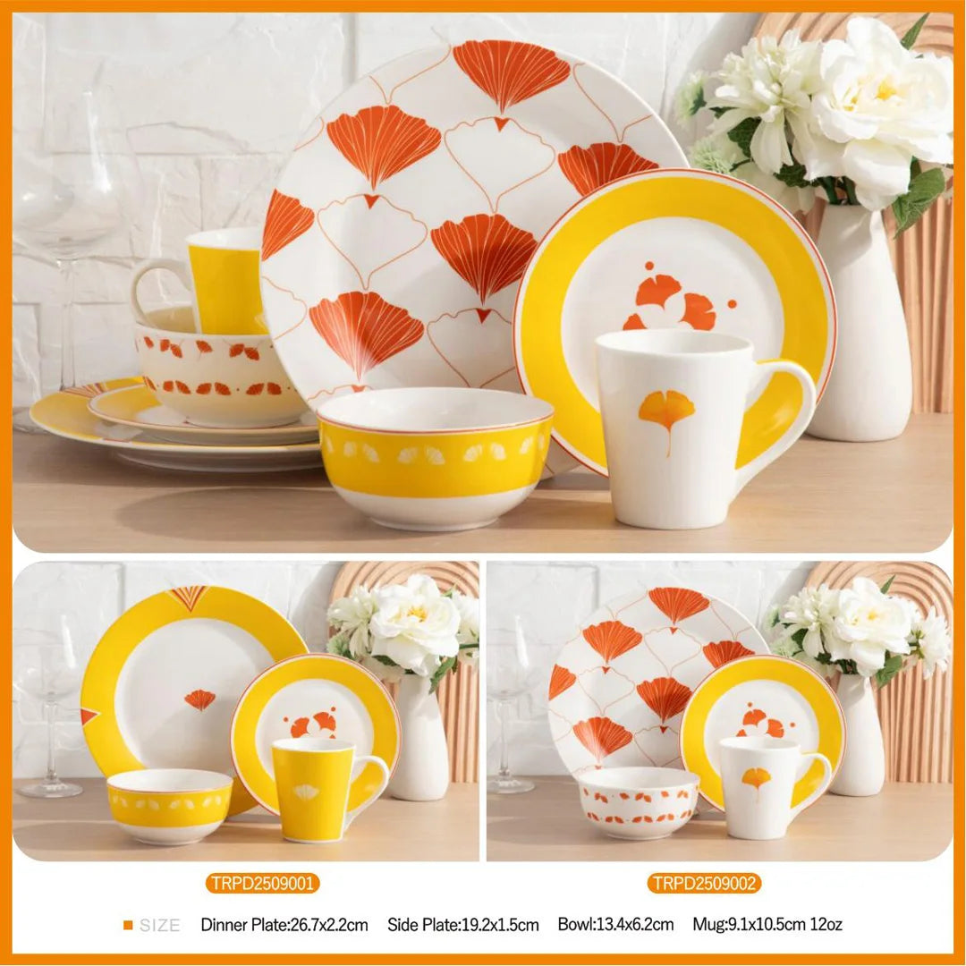 12 Pcs 16 Pcs Ceramic Plates Set Bowl Mug Full Collection Breakfast Ginkgo Leaf Design Porcelain Decal Dinner Dinnerware Set