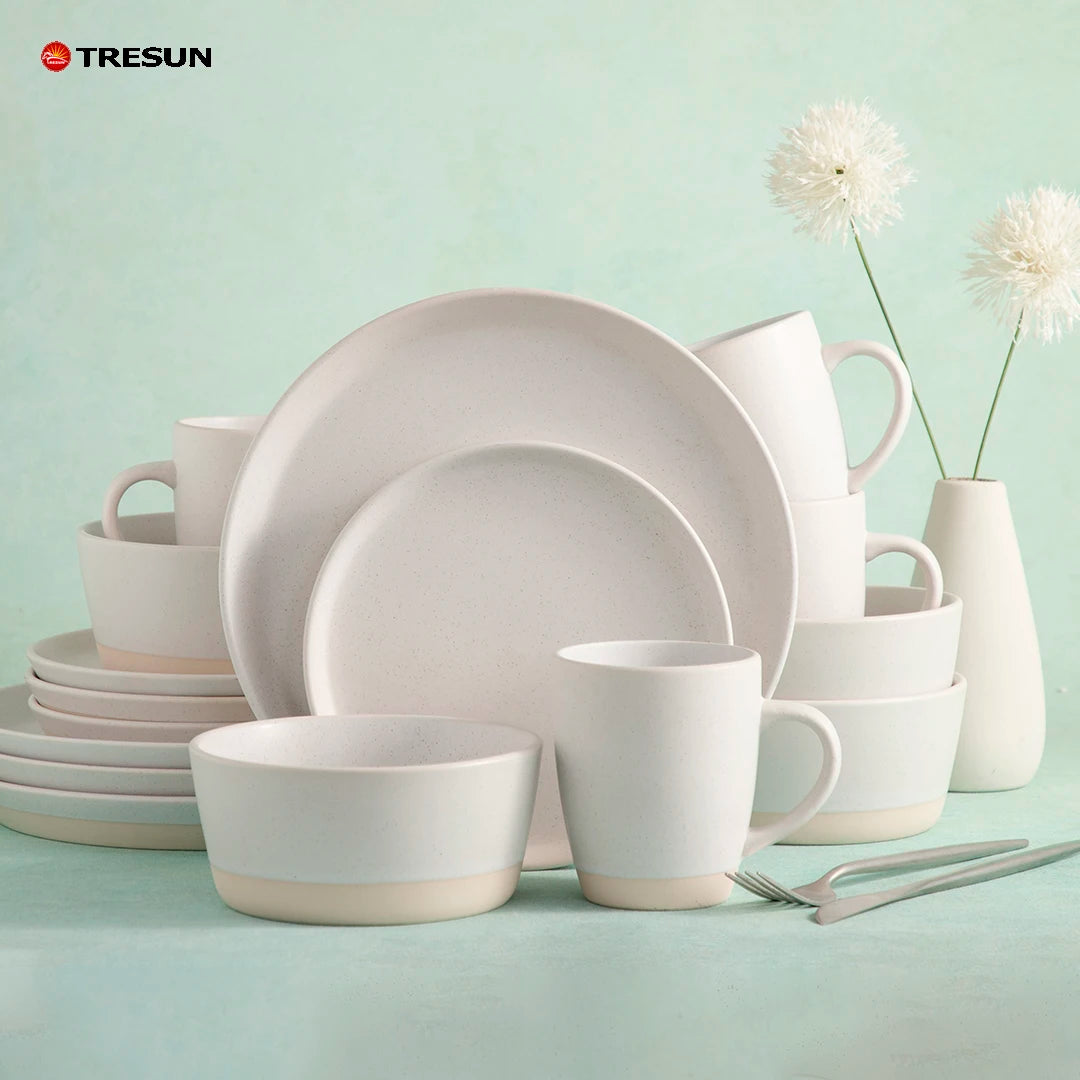 Wholesale Cheap Price TRESUN Brand Ceramic Stoneware 16-Piece Luxury White Galzed Dinnerware Set Dishwasher Safe for 4 Wedding