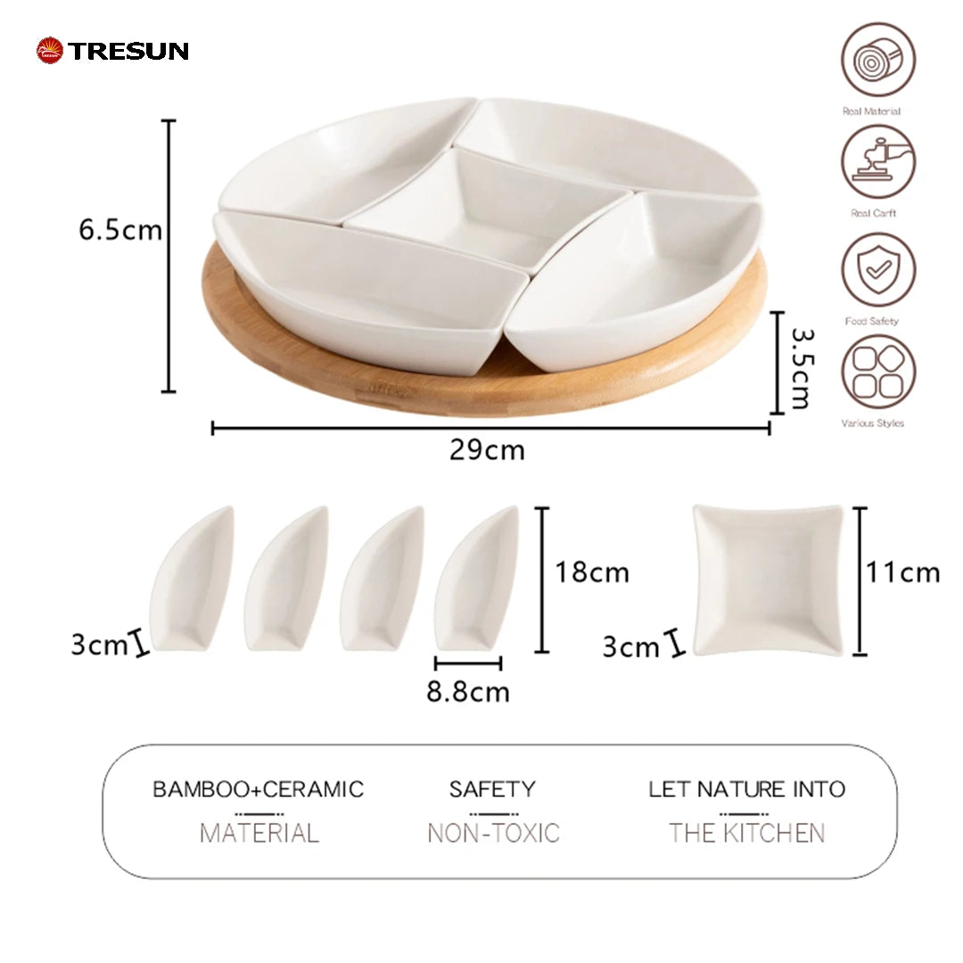 Wholesale 5 Pcs Divided Ceramic Snack Dishes Plates Set With Rotating Bamboo Serving Tray for Home Restaurant Party Wedding Use
