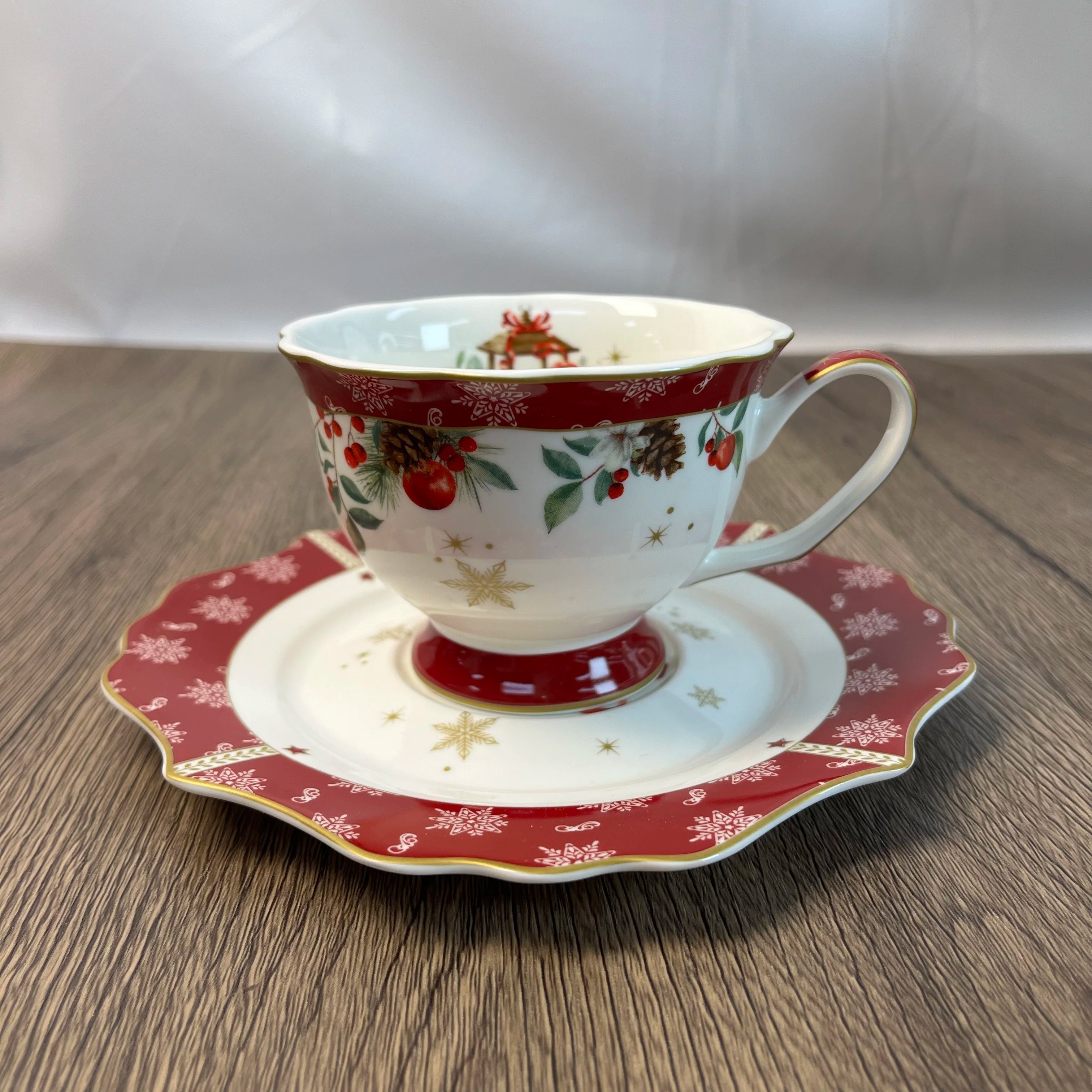 Elegant Christmas Scalloped Edge Porcelain Set with Red Snowflake Design Tea Coffee Cup & Saucer -  (Holiday Hosting Essential)