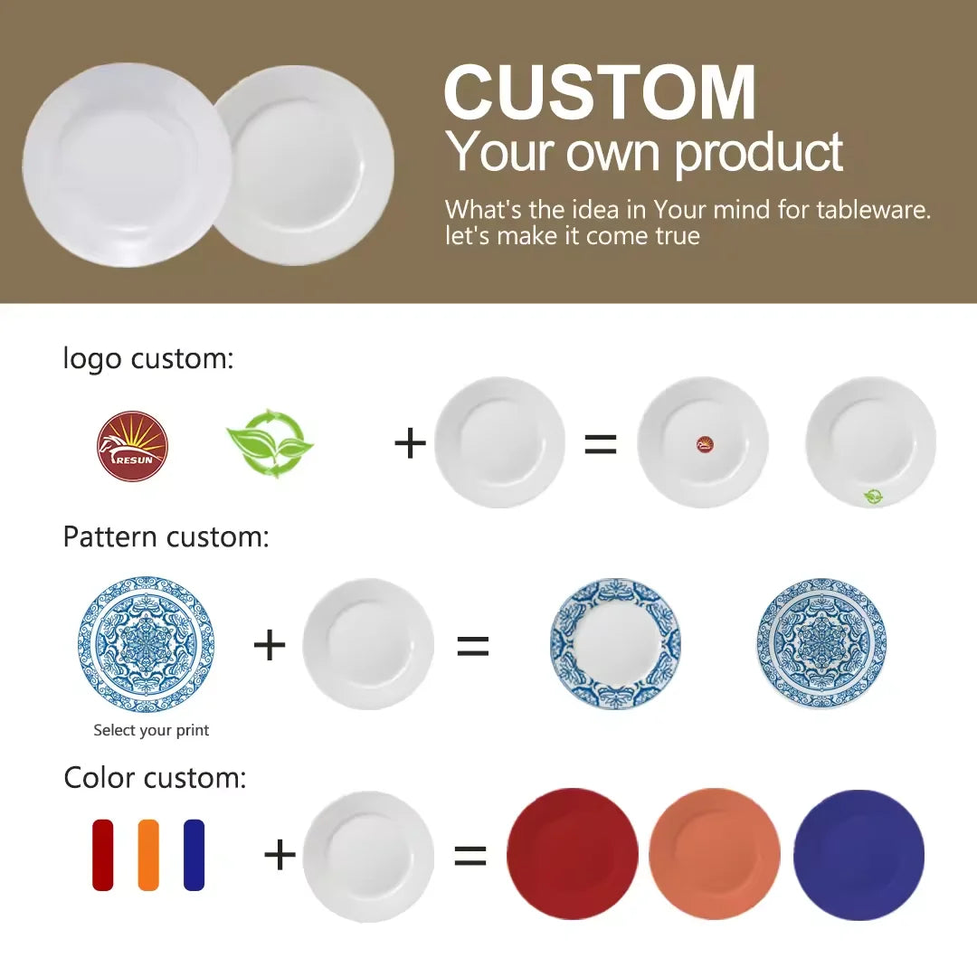 Customizable 5-12 Inch White Ceramic Flat Plates Pure White Porcelain Eco-Friendly Modern Logo Service Restaurant Dinner Plates
