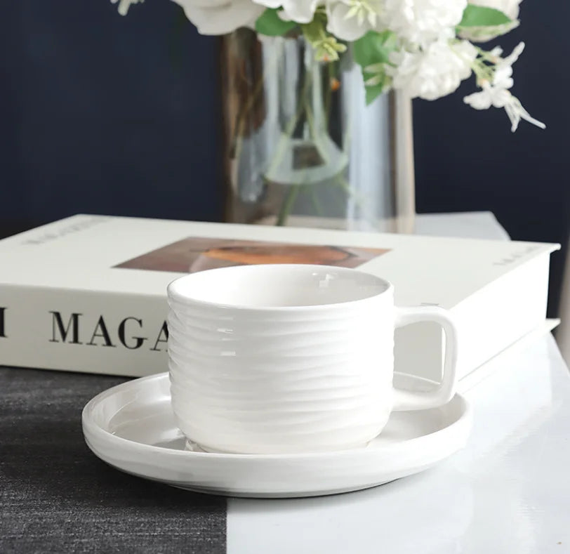 Hotel Cafe White Porcelain Embossed Coffee Cup And Saucer Set Custom Logo Restaurant Tea Cup Wholesale