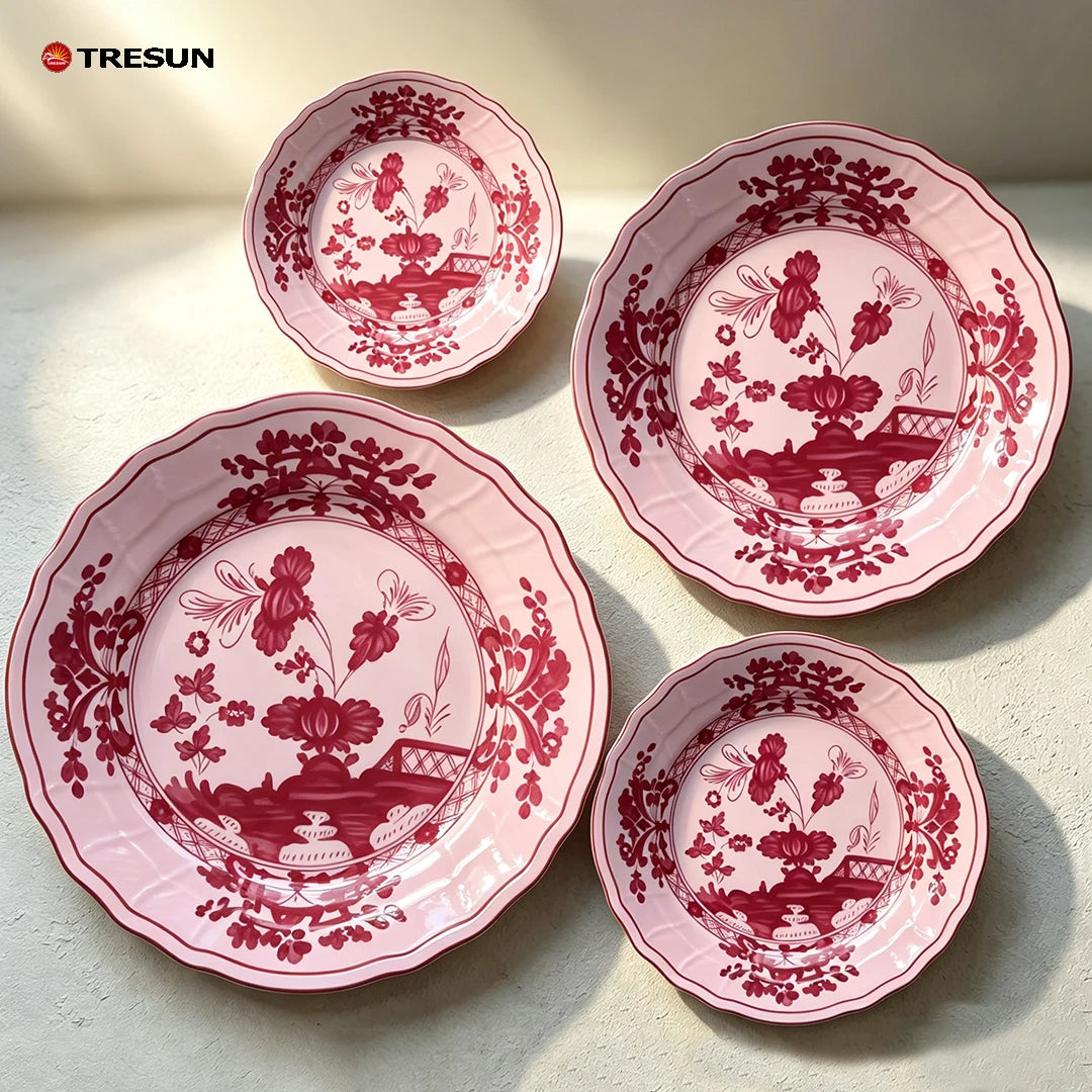 Pink Flower Wedding Dinnerware Set Wholesale Ceramic Charger Plate Collection Rental Porcelain Gold Rim Plate Dish