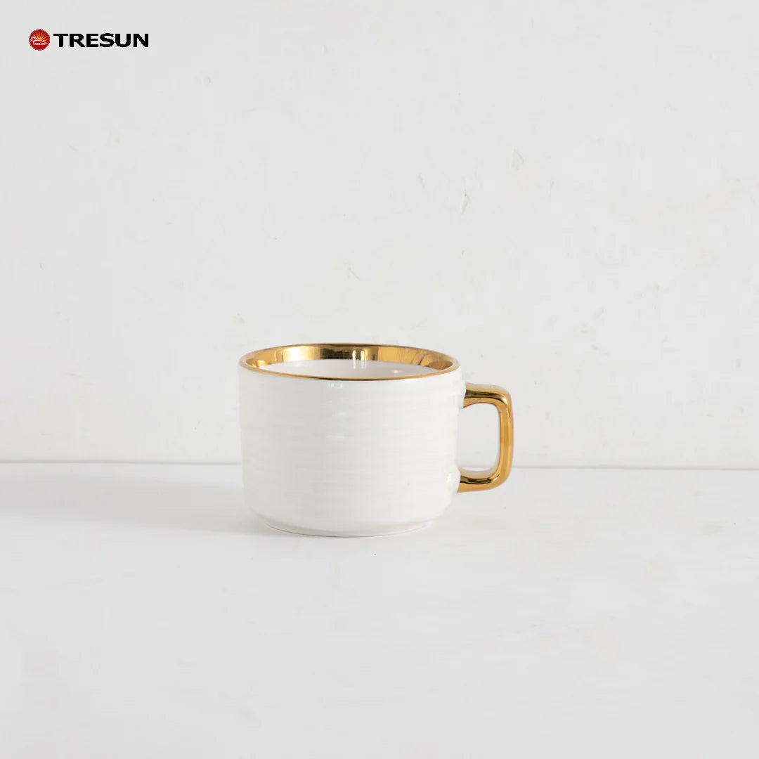 Modern Nordic Gold Trim Wavy Texture White Ceramic Dinner Set 4 Pieces Porcelain Dinner Plate Soup Bowl Coffee Mug For Wedding