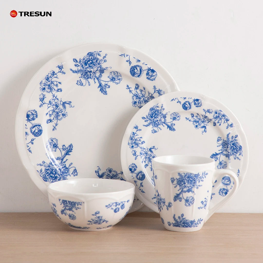 Vaisselle Vajillas De Porcelain Ceramic 16 Pieces Porcelain Decal Embossed Floral Design Luxury Wedding Tableware Dinnerware Set