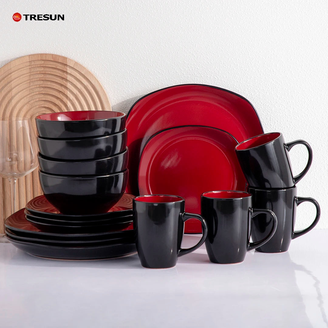 Dinner Set Red Blue Black Solid Two Stone Color Glazed Stoneware Ceramic Crockery Dinnerware