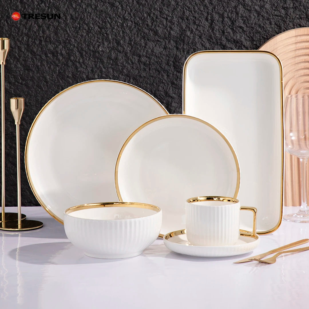Modern Gold Inlay Design High-End Ceramic Porcelain Dinnerware Set with Dishwasher Safe Utensils Kit for Elegant Home Dinners