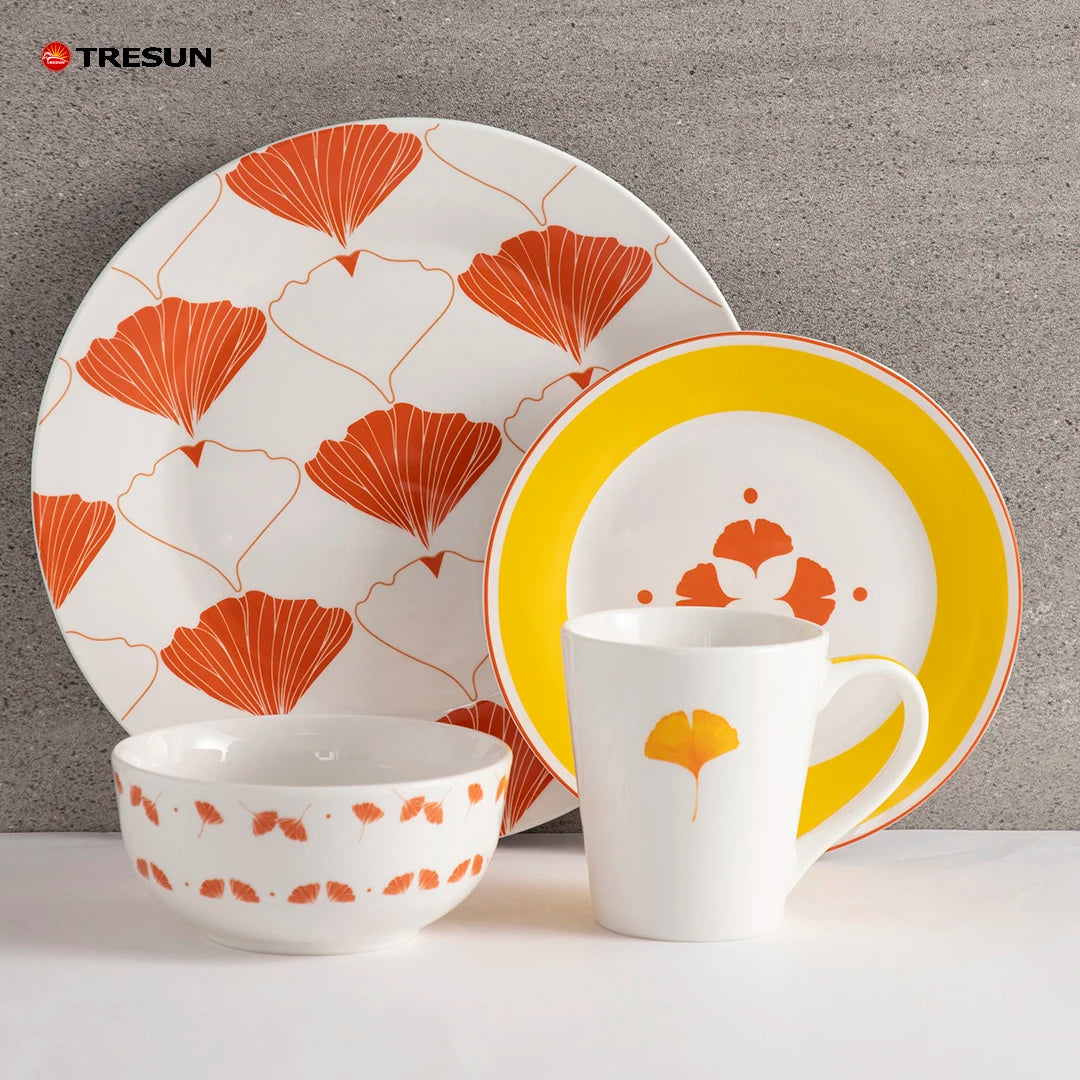 12 Pcs 16 Pcs Ceramic Plates Set Bowl Mug Full Collection Breakfast Ginkgo Leaf Design Porcelain Decal Dinner Dinnerware Set