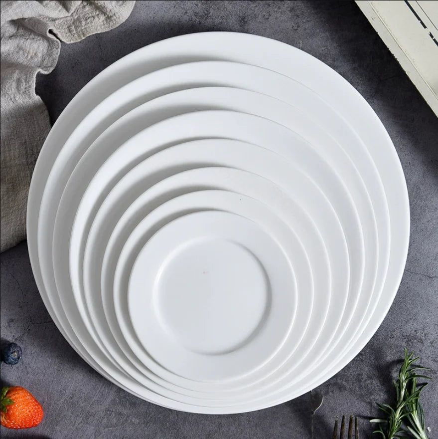 Customizable 5-12 Inch White Ceramic Flat Plates Pure White Porcelain Eco-Friendly Modern Logo Service Restaurant Dinner Plates