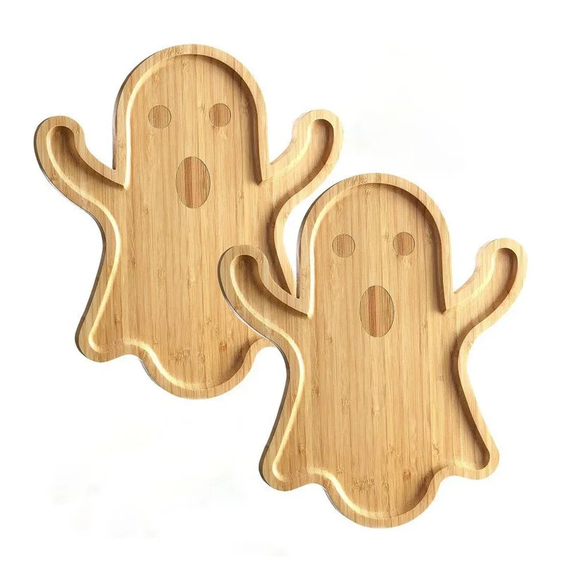 Wholesale Cute Ghost Shaped Bamboo Serving Tray, 36x32cm Natural Wood Halloween Snack Platter for Party Home, Holiday Gift