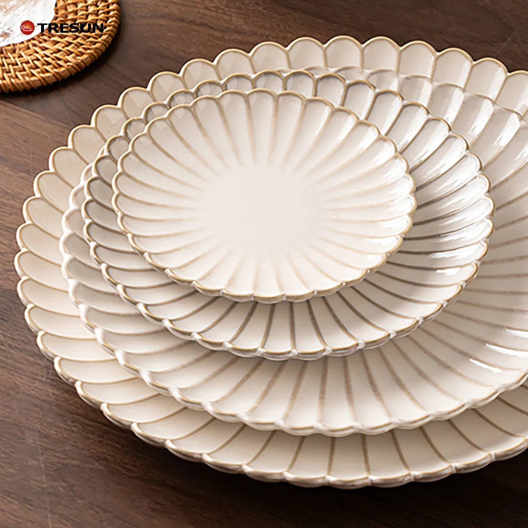 Nordic Style Ceramic Shallow Plate Shape Microwave Safe Dishwasher Safe Durable Household Western Food Steak Plate for Hotels