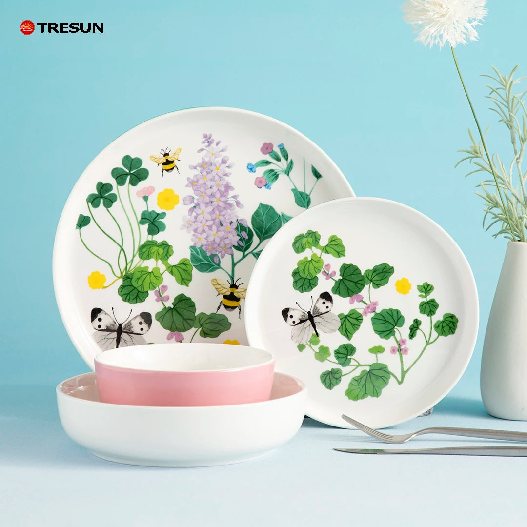 Nordic Western Chinese Style Floral Decal Porcelain Colorful Flowers Elegant Dinnerware Sets Cup Kit Microwave & Dishwasher Safe