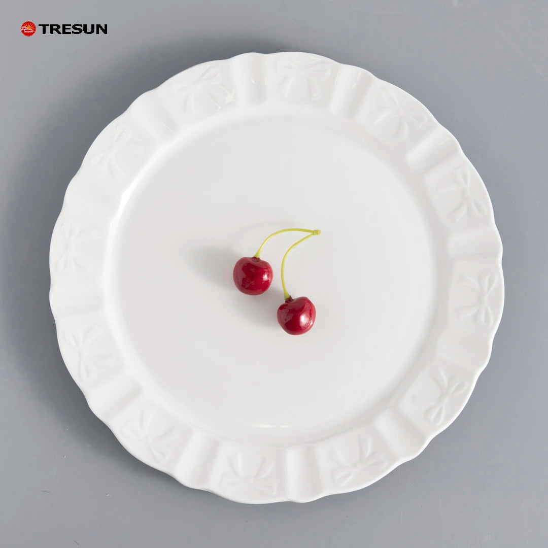 Simple Relief Western Plate Dish Set Pure White Underglaze Color Plate for Wedding