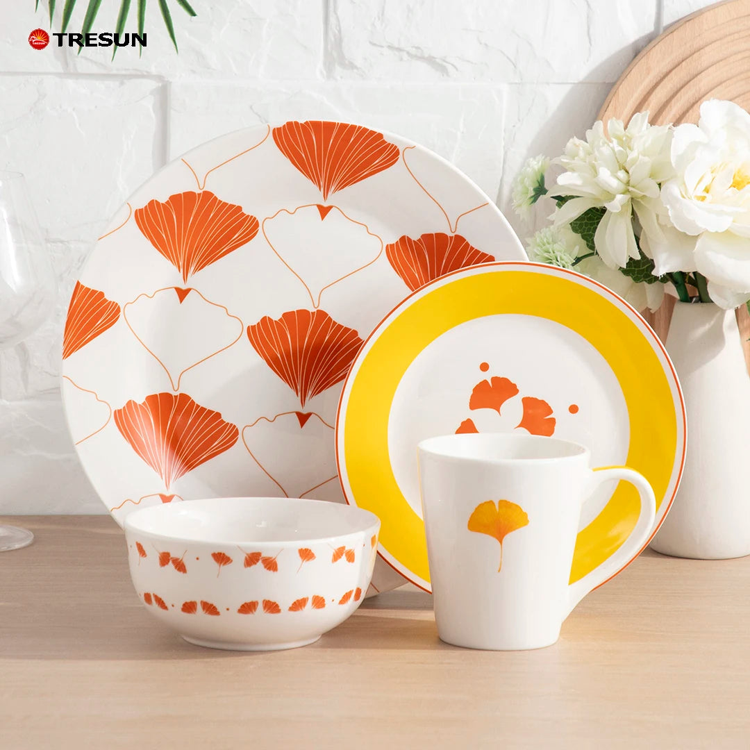 12 Pcs 16 Pcs Ceramic Plates Set Bowl Mug Full Collection Breakfast Ginkgo Leaf Design Porcelain Decal Dinner Dinnerware Set