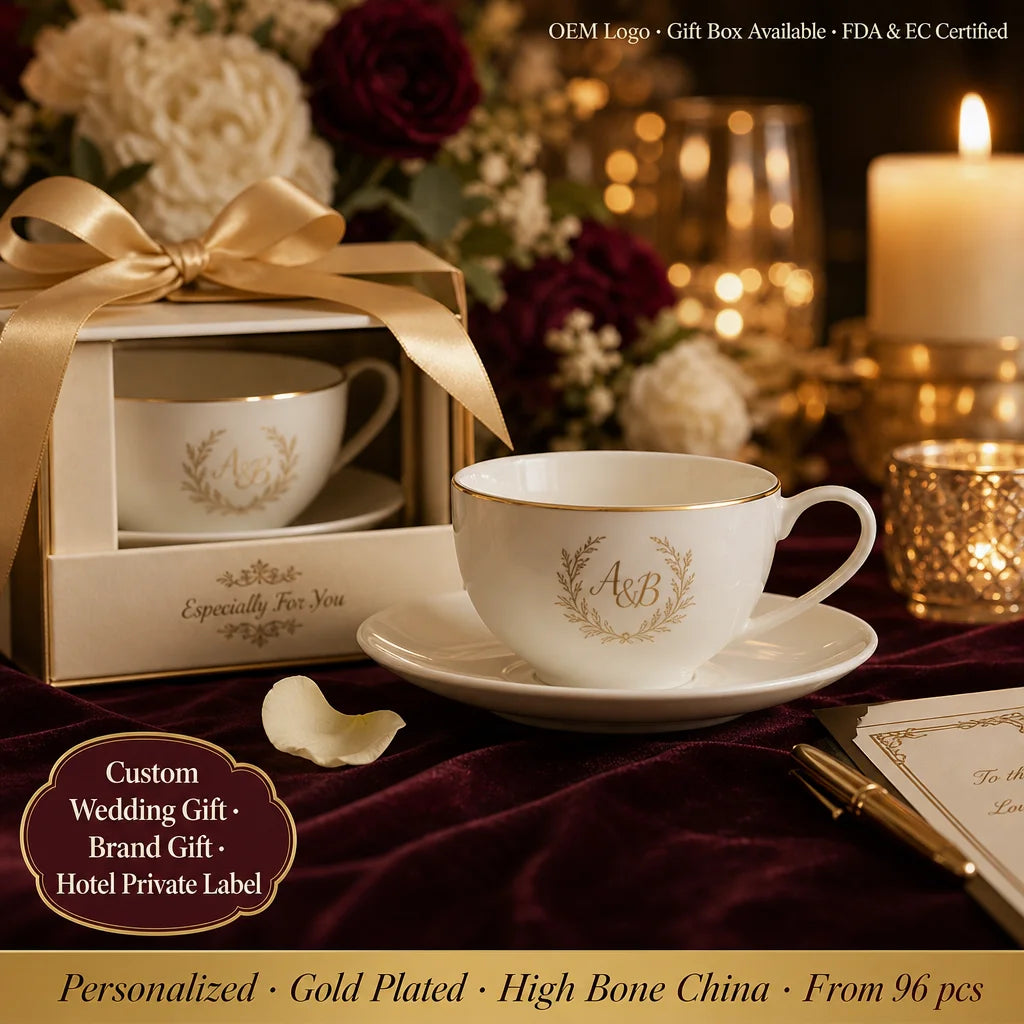 Customized Gold Plated Bone China Coffee Cup and Saucer OEM Logo Printing Personalized Promotional Gift Low MOQ 96