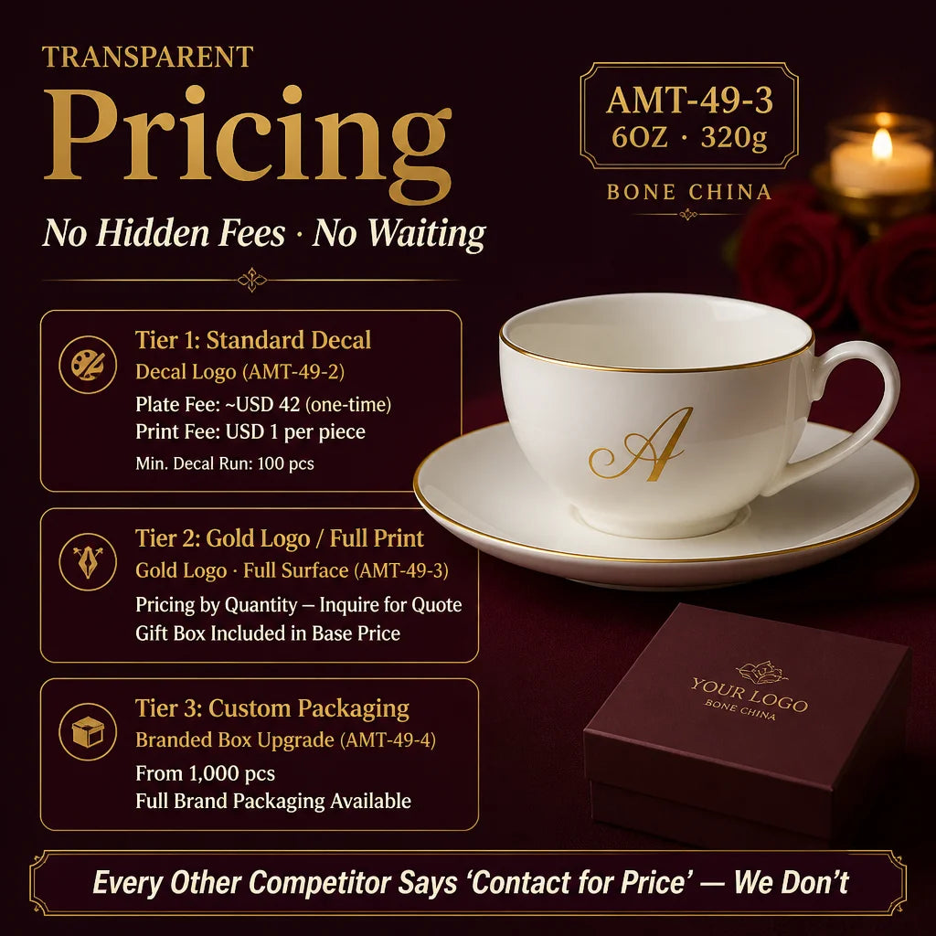 Customized Gold Plated Bone China Coffee Cup and Saucer OEM Logo Printing Personalized Promotional Gift Low MOQ 96