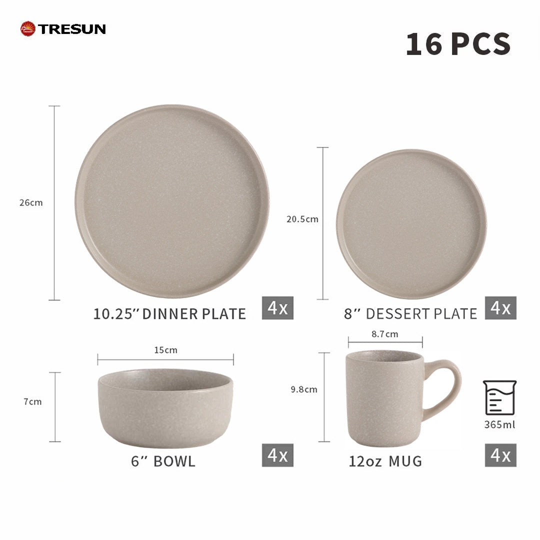 Tresun®16 Pieces Matte Beige Stoneware dinnerware set | Service for 4