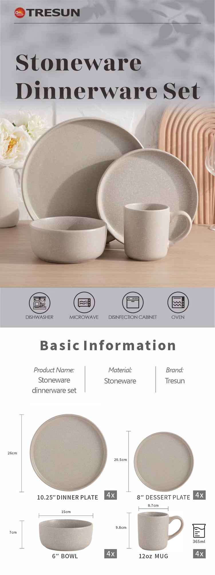 Tresun®16 Pieces Matte Beige Stoneware dinnerware set | Service for 4