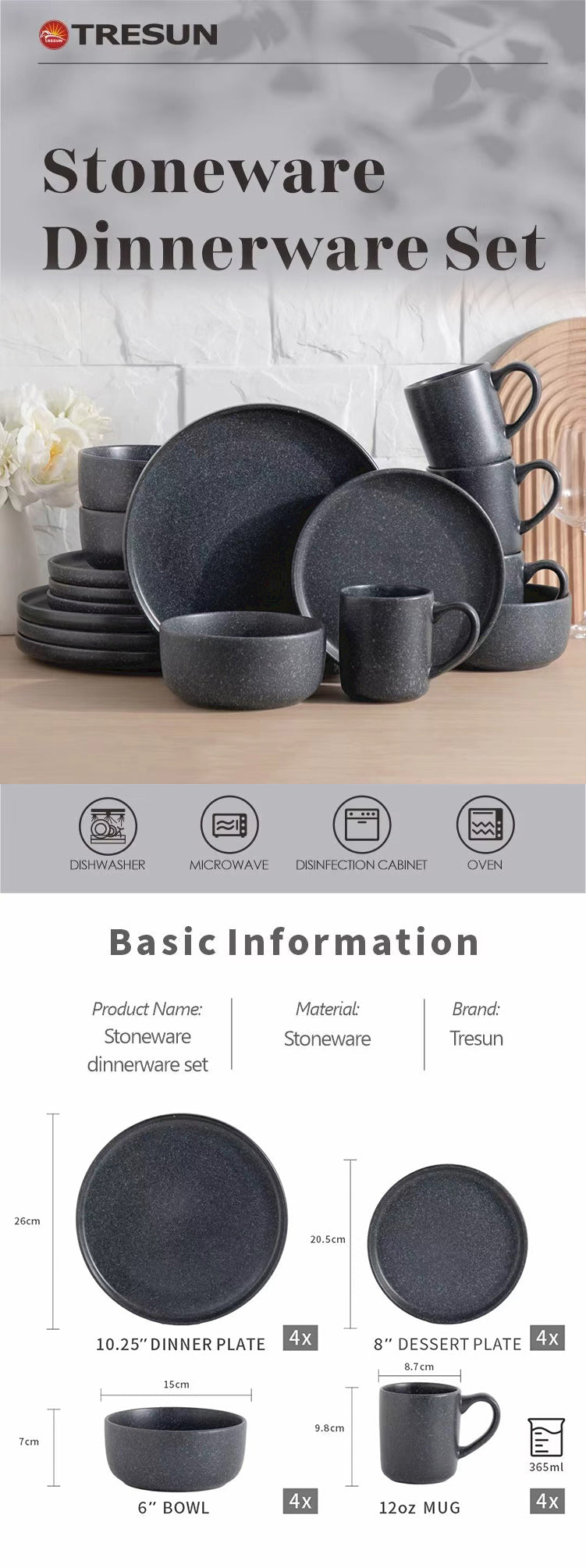 Tresun®16 Pieces Matte Black Stoneware Dinnerware Set | Service for 4