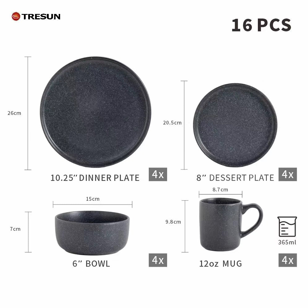 Tresun®16 Pieces Matte Black Stoneware Dinnerware Set | Service for 4