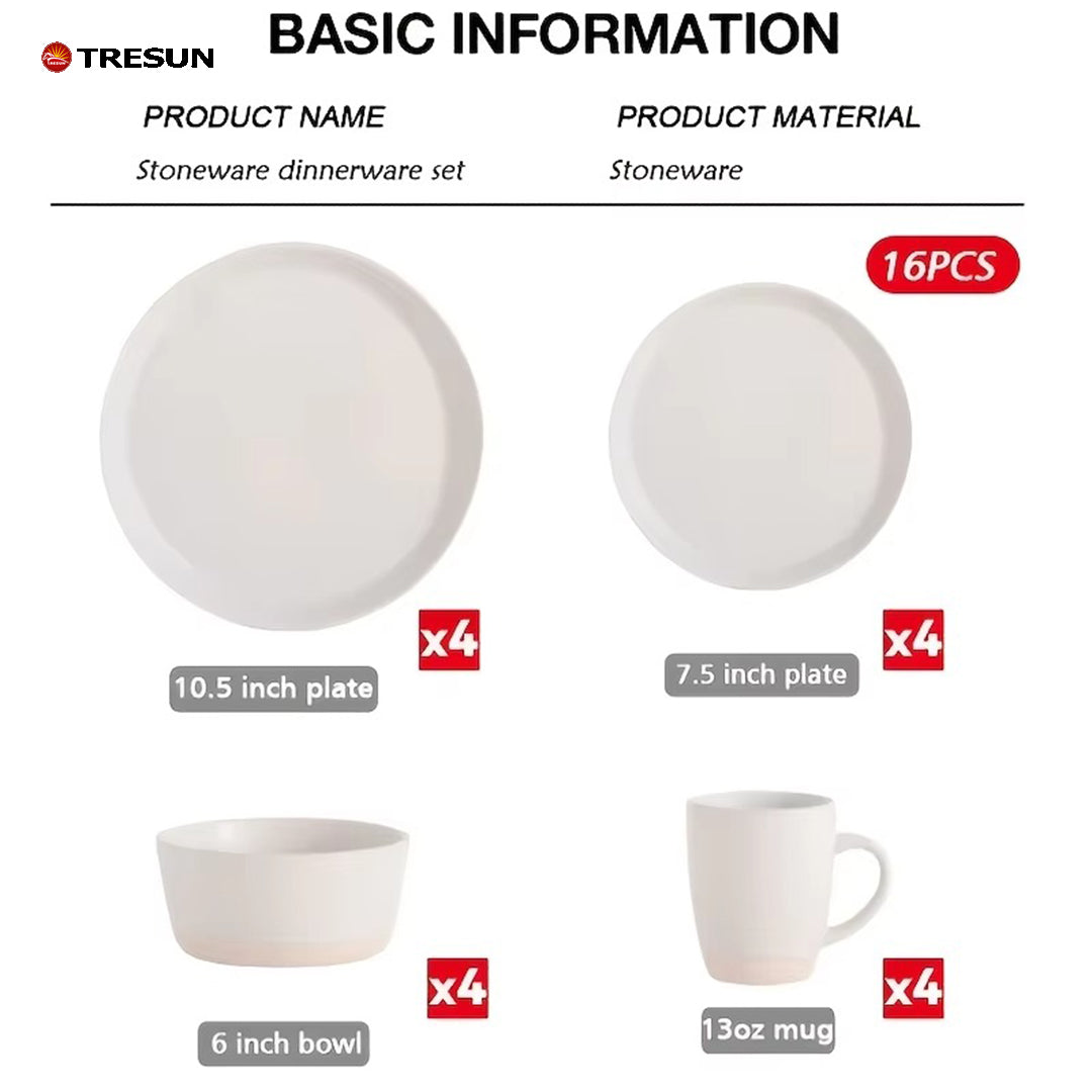 Tresun®16 Pcs Two-tone Beige White Stoneware Dinnerware Set | Service for 4