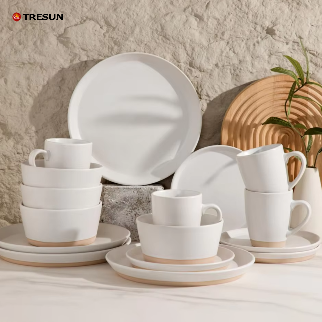 Tresun®16 Pcs Two-tone Beige White Stoneware Dinnerware Set | Service for 4