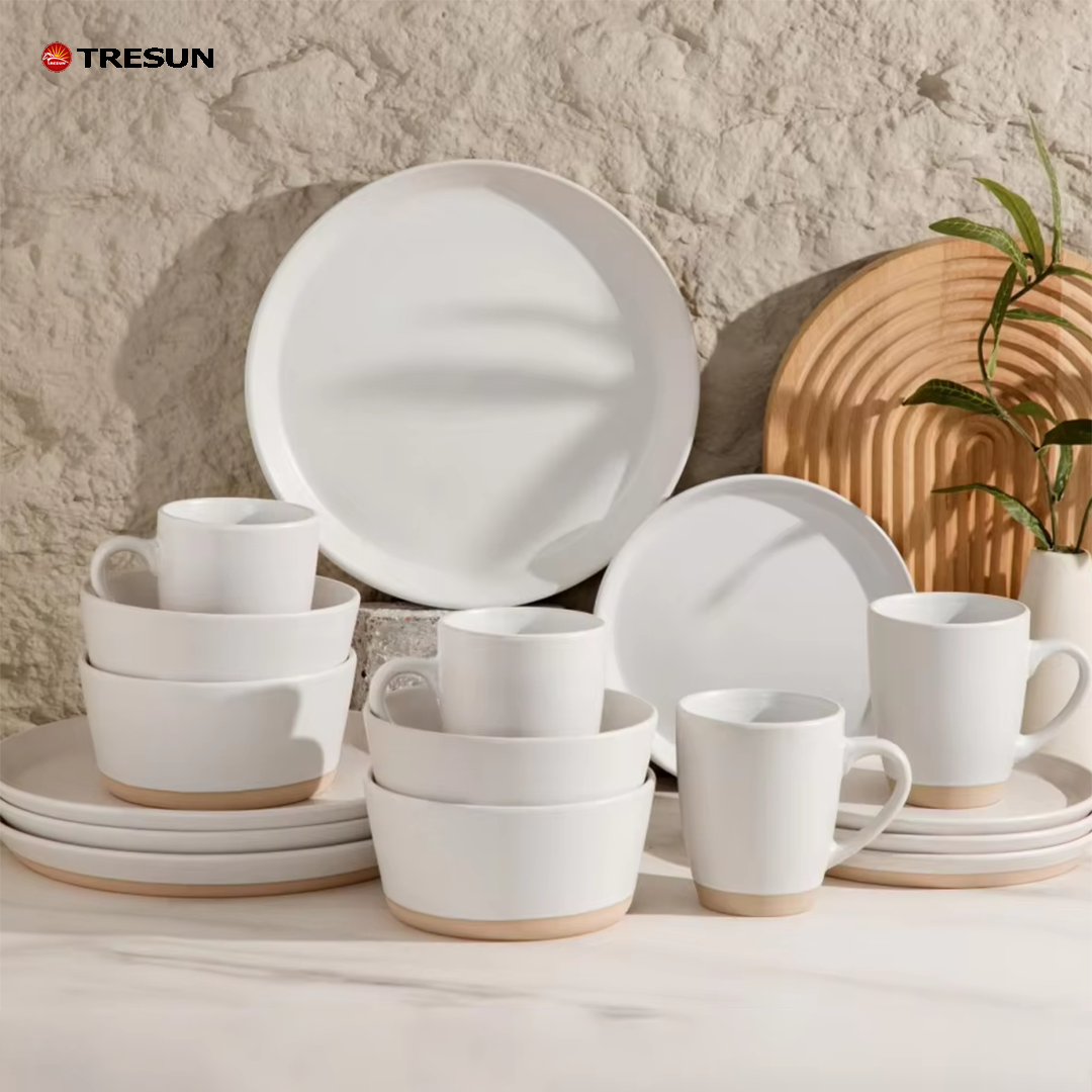 Tresun®16 Pcs Two-tone Beige White Stoneware Dinnerware Set | Service for 4