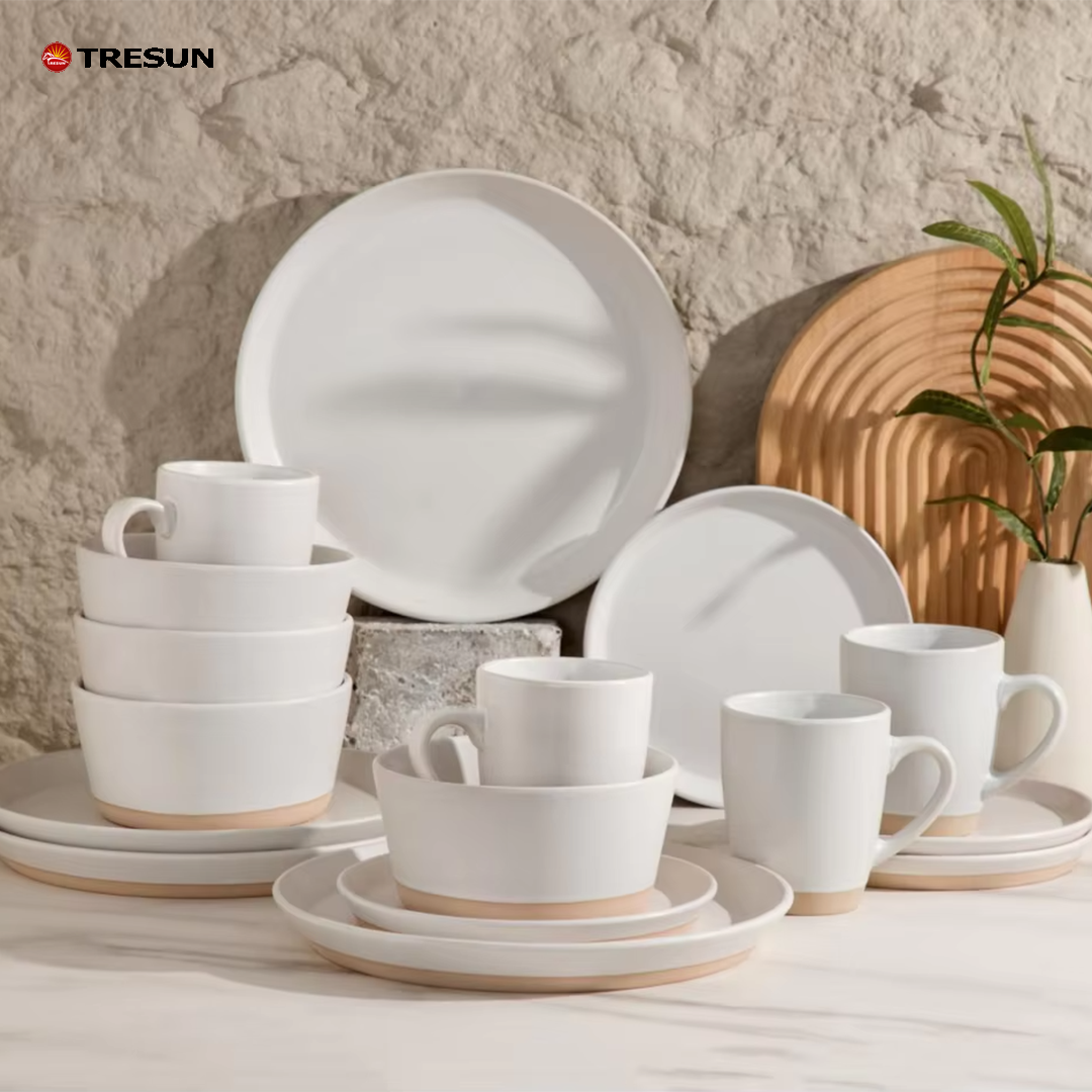 Tresun®16 Pcs Two-tone Beige White Stoneware Dinnerware Set | Service for 4