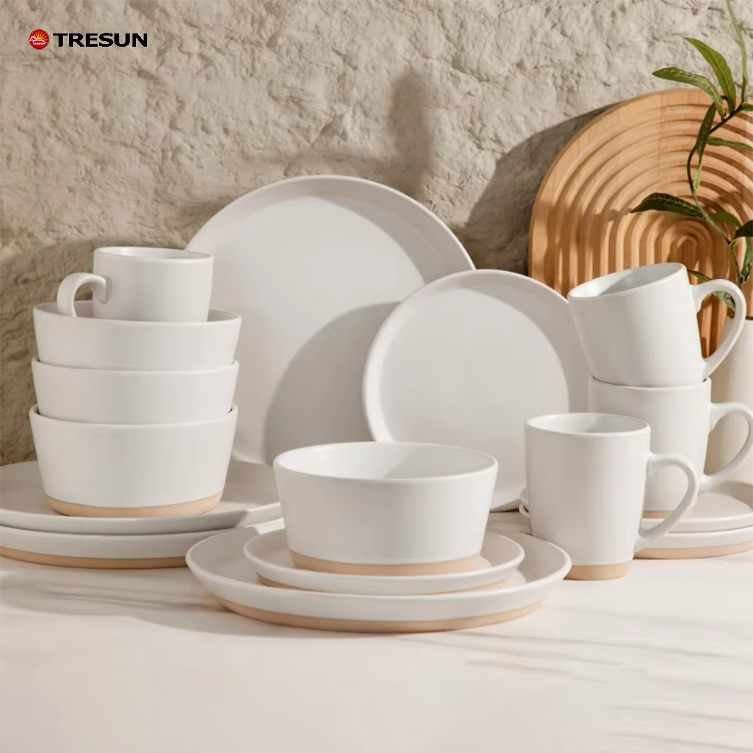 Tresun®16 Pcs Two-tone Beige White Stoneware Dinnerware Set | Service for 4