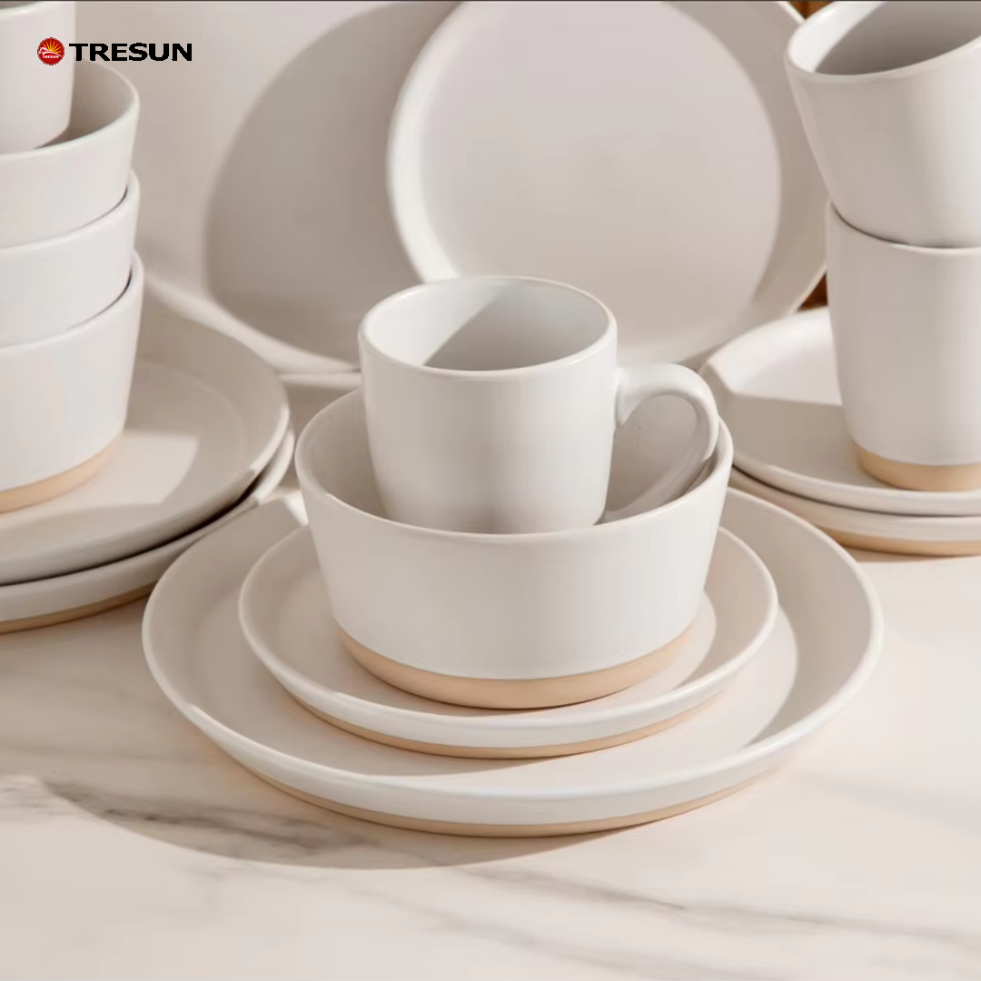Tresun®16 Pcs Two-tone Beige White Stoneware Dinnerware Set | Service for 4