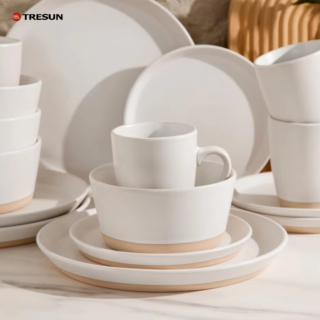 Tresun®16 Pcs Two-tone Beige White Stoneware Dinnerware Set | Service for 4
