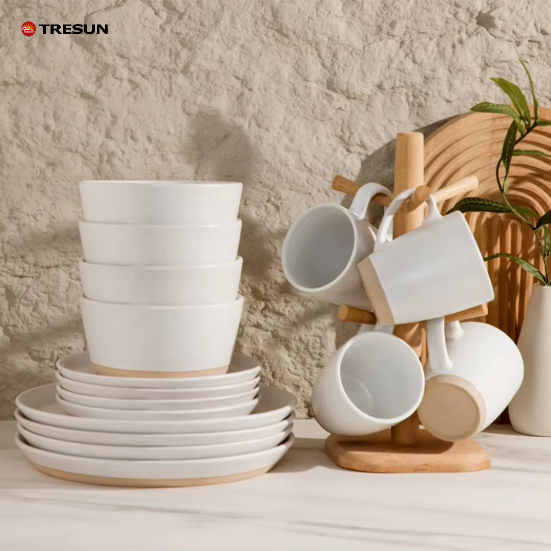 Tresun®16 Pcs Two-tone Beige White Stoneware Dinnerware Set | Service for 4